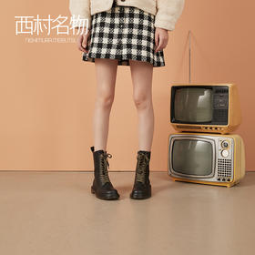 西村名物2020冬季新款朋克风机车女靴牛皮军绿色系带马丁靴X20DC41901