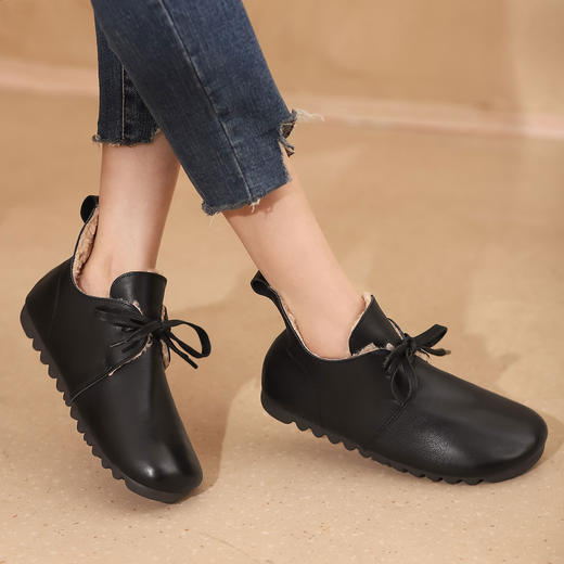 西村名物2021秋冬新款圆头系带加绒保暖毛毛鞋牛皮软底复古毛靴平底靴子女X21CM36351 商品图0