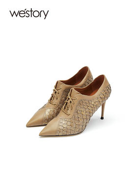 westory2021秋季新品细跟高跟鞋系带踝靴格纹单鞋尖头W21CM71641