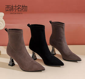西村名物2022秋季新款尖头时装靴短靴瘦瘦靴高跟踝靴女真皮43991