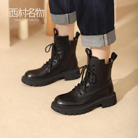 西村名物2021冬季新款女真皮鞋英伦风短靴低跟单靴中筒靴子T21DS45111