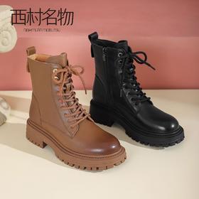 西村名物22年冬新款【帅气】马丁靴交叉系带圆头短靴45311