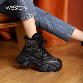 westory2021秋冬新拼接水钻休闲运动鞋绒里未来感重工加厚底女鞋W21DS81421