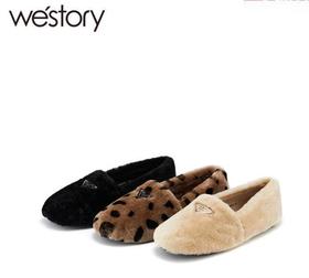 westory2021秋冬新款圆头减龄羊毛乐福毛毛鞋高级绒里平底懒人鞋W21CM73781