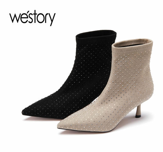 westory秋冬新款时尚性感水钻单靴尖头细跟弹力靴82021 商品图0