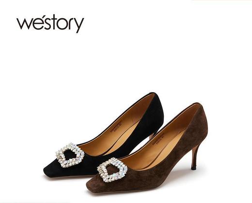 westory方头浅口通勤高跟鞋2022年秋季新款方扣钻饰单鞋职业72561 商品图0