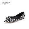 westory新款单鞋黑白棋盘格浅口女鞋蝴蝶结平底鞋小众尖头ins潮W22AE81701 商品缩略图0