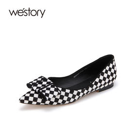 westory新款单鞋黑白棋盘格浅口女鞋蝴蝶结平底鞋小众尖头ins潮W22AE81701