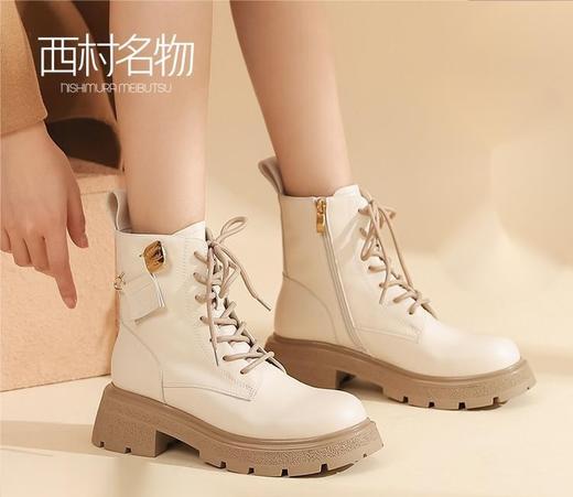 西村名物2022冬季撞色粗跟厚底靴子女短靴白色英伦马丁靴女44401 商品图0