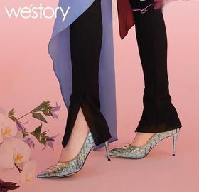 westory22年春季新款蛇皮高跟鞋真皮尖头欧美性感单鞋宴会W22AE54491