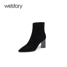 westory2021秋季新款小香风时尚女靴尖头粗跟小众短靴W21DS80961