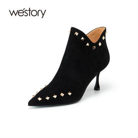 westory2021秋冬新品绒面时装靴铆钉短筒尖头女靴W21DS81381