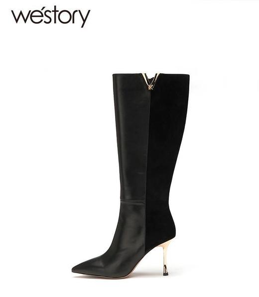 westory2022秋冬新款金属v口长筒粗腿真皮拼接细高跟长靴82651 商品图0