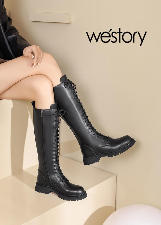 westory2022年秋冬新款黑色长靴交叉系带显瘦骑士靴82521 商品图0