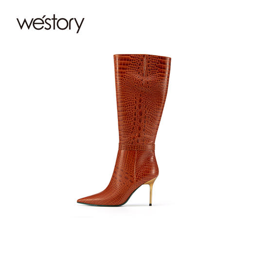 westory2021秋季新款欧美尖头高跟长靴鳄鱼纹时装靴W21DQ81101 商品图0