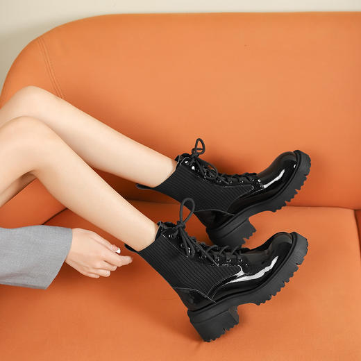 westory2022年秋冬新款真皮马丁靴女厚底增高系带机车靴骑士靴女82301 商品图0