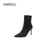 westory2021年春秋新款短筒女尖头高跟单靴复古黑色W21DS80841 商品缩略图0