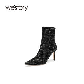 westory2021年春秋新款短筒女尖头高跟单靴复古黑色W21DS80841