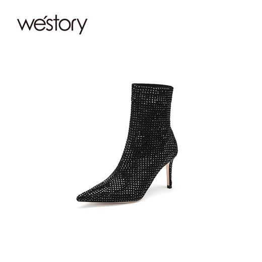 westory2021年春秋新款短筒女尖头高跟单靴复古黑色W21DS80841 商品图0