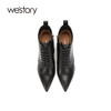 westory2020冬季新款真皮系带高帮尖头方跟马丁靴W20DS80111 商品缩略图0