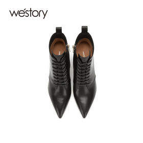 westory2020冬季新款真皮系带高帮尖头方跟马丁靴W20DS80111