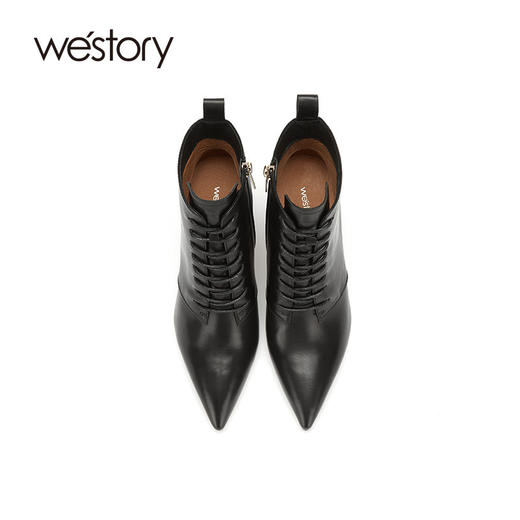 westory2020冬季新款真皮系带高帮尖头方跟马丁靴W20DS80111 商品图0