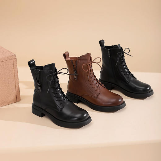 西村名物22年冬新款【帅气】马丁靴秀气圆头短靴绑带拉链装饰马丁靴女43871 商品图0