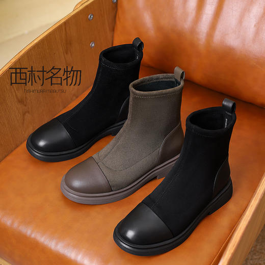 西村名物2021秋季新款专柜同款时尚休闲女切尔西中筒靴短靴X21DS46171 商品图0