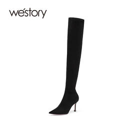 westory2021年秋冬季过膝长靴女新款尖头细高跟欧美靴W21DI80861