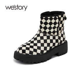 westory冬季厚底棋盘格雪地靴短筒洋气保暖靴子撞色真皮短靴女W21DS81601