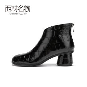 西村名物2020冬季圆头中跟牛皮革新品复古圆头马丁短靴X20DS40381