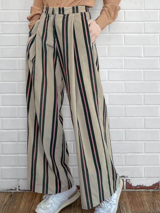 TYNVIE 经典阔腿裤-绿粉条纹 商品图1