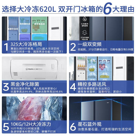 【对开门大冷冻新品】海尔620升对开门冰箱大容量双变频新一级能效风冷无霜超薄嵌入式家用电冰箱 620升 商品图1