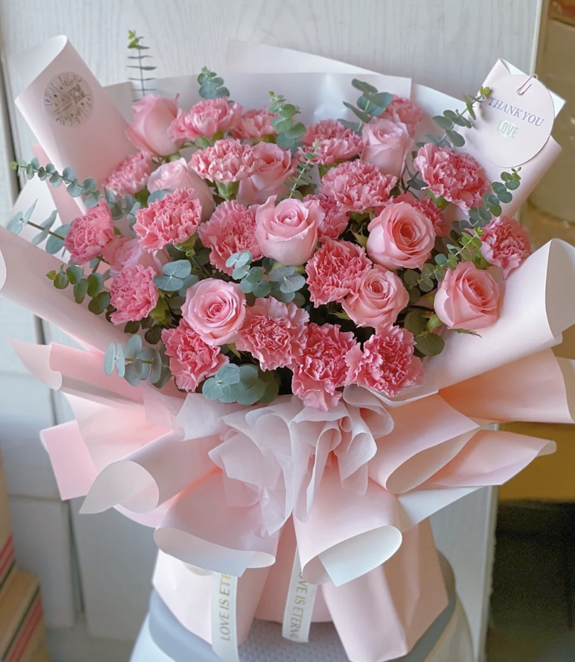 【温情绽放】20朵粉康乃馨➕10朵粉玫瑰时尚大花束