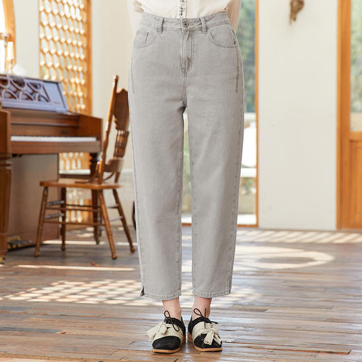 famecoco范可儿裤脚开叉牛仔裤女浅色春季百搭宽松直筒裤FAB1GA009 商品图0