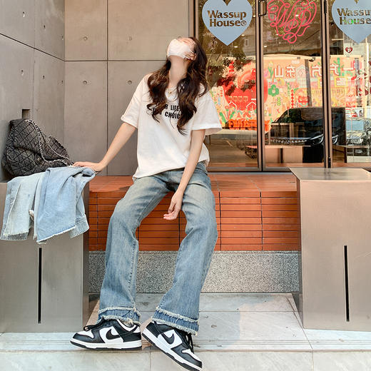 《曾小咸推荐》曾小咸女装蓝色高腰直筒牛仔裤女春季新款美式复古拖地阔腿长裤子 商品图1