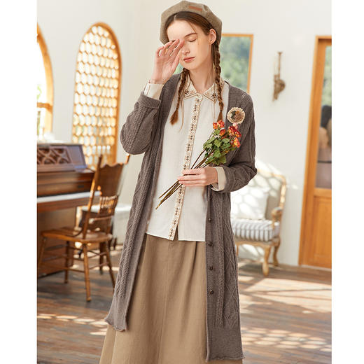 Famecoco范可儿羊毛毛衣开衫春季宽松针织外套女下摆开叉FAB1DF001 商品图1