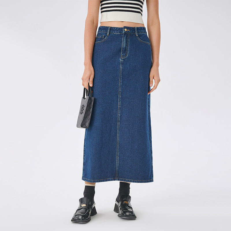 Self Who2023春季新款经典百搭牛仔半身裙中高腰直筒简约开衩裙子