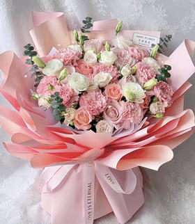 【留住美好时光】10朵粉色康乃馨➕10朵粉玫瑰➕10朵白色洋桔梗时尚大花束