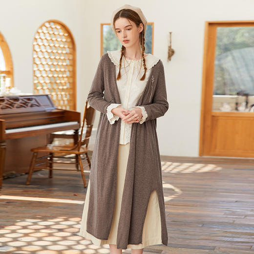 Famecoco范可儿开叉长款开身毛衣外套女春款羊毛针织衫 商品图0