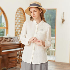 Famecoco范可儿亚麻衬衫女春季别致漂亮洋气刺绣小衫FAB1BA005