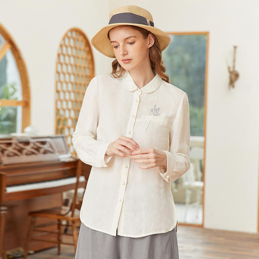 Famecoco范可儿亚麻衬衫女春季别致漂亮洋气刺绣小衫FAB1BA005 商品图0