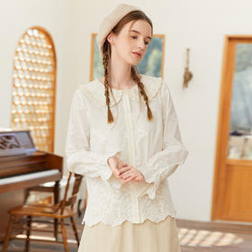 Famecoco范可儿重工刺绣衬衫女春秋款纯棉娃娃领衬衣花边袖FAB1BA018