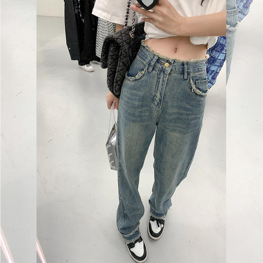 《曾小咸推荐》曾小咸女装蓝色高腰直筒牛仔裤女春季新款美式复古拖地阔腿长裤子 商品图0