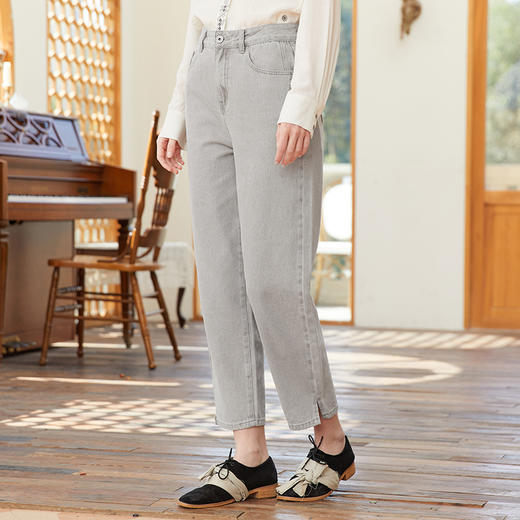 famecoco范可儿裤脚开叉牛仔裤女浅色春季百搭宽松直筒裤FAB1GA009 商品图1