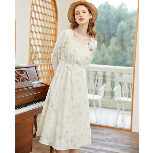 famecoco范可儿高腰显瘦方领碎花连衣裙女春季一字肩裙子FAB1FA001 商品图2