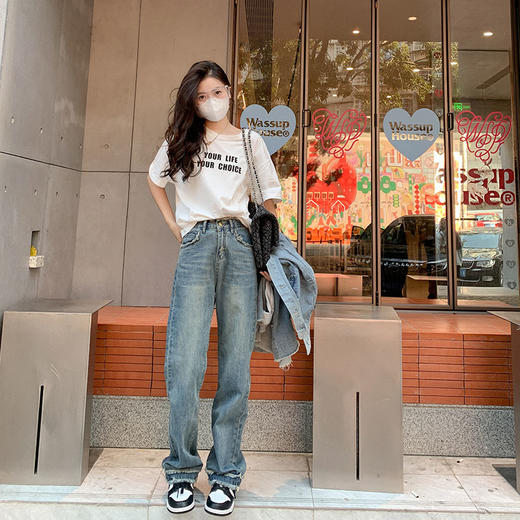 《曾小咸推荐》曾小咸女装蓝色高腰直筒牛仔裤女春季新款美式复古拖地阔腿长裤子 商品图3