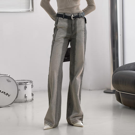 NUTH“谍照”｜牛仔裤水洗做旧分割线拼色直筒微喇裤 商品图0