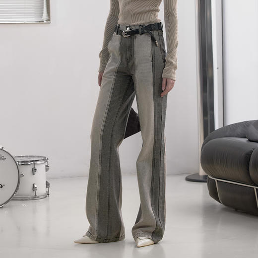 NUTH“谍照”｜牛仔裤水洗做旧分割线拼色直筒微喇裤 商品图1