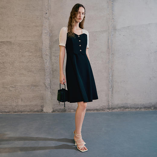 EITIE爱特爱春夏新款时尚气质V领收腰撞色A版显瘦连衣裙7307017 商品图1